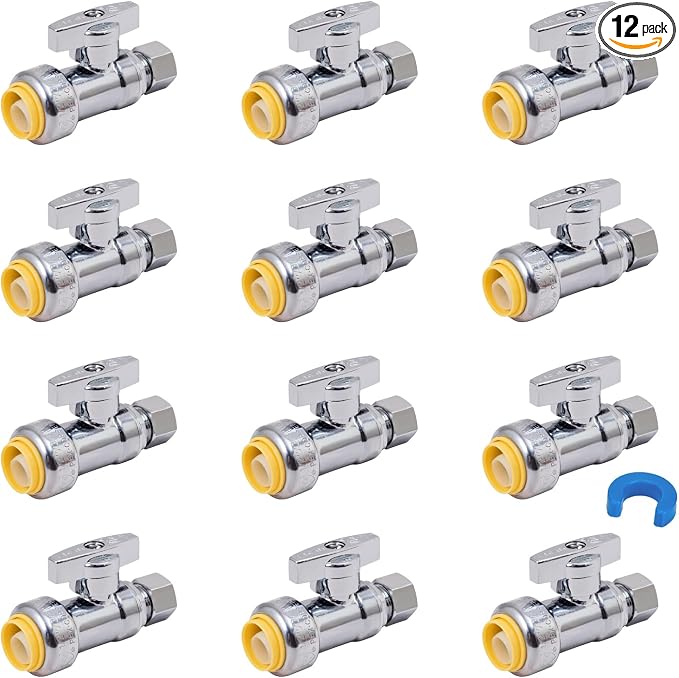 12-Pack Straight Stop Valve, Water Shut Off Valve 1/2" x 3/8" Comp | 1/4 Turn by SUNGATOR