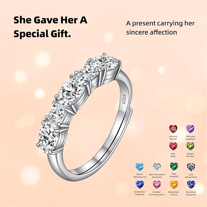 925 Sterling Silver Birthstone Rings for Women - Adjustable Size Women Jewelry Birthday Gifts for Girlfriend,Wife,Mom