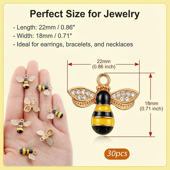 Larrel 30PCS Bee Charm Pendants with Rhinestone, Alloy Enamel Bee Charms Pendants, Cute Honeybee Charms for Jewelry Making, DIY Craft, Earring, Necklace and Bracelet