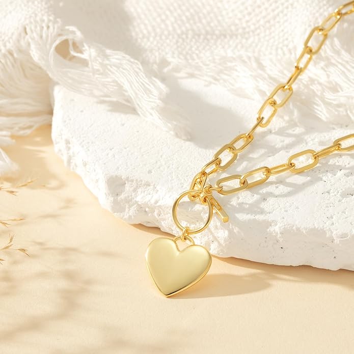 Heart Necklaces for Women, 14K Gold Plated Heart Pendant Necklaces for Women Trendy Heart Locket Chunky Gold Necklace Dainty Gold Chain Necklace Jewelry Christmas Birthday Gifts for Women