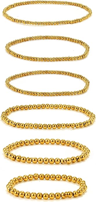 6 PCS Stackable Gold Bead Bracelet for Women | Stretch Elastic 14K Gold Plated Bohemian Sphere Beads | Hypoallergenic