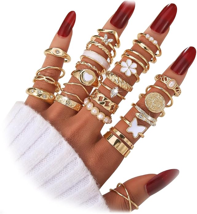 KISS WIFE Goldenen Silvery Black Kunckle Rings Set for Women, Dainty Simple Trendy Cute Stackable Finger Rings Pack, Perfect for Stacking Layering on Thumb and Knuckle, Mixed Size, Jewelry Gift