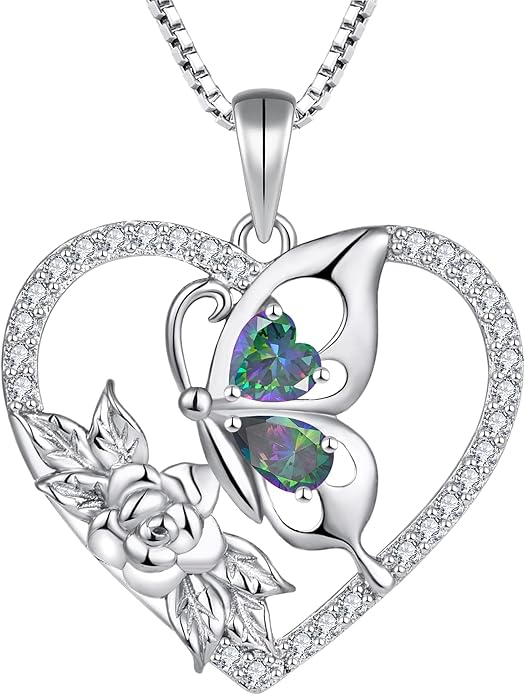 YL Women's Butterfly Necklace 925 Sterling Silver Flower Rose Pendant Birthstone Halo Jewelry