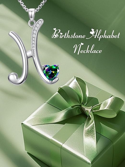 Valentines Day Gifts for Women Alphabet A to Z Initial Birthstone Pendant Necklaces for Women - 18k White Gold Plated Personalized Name Jewelry Valentine Mothers Day Birthday Gifts for Women Her Girlfriend