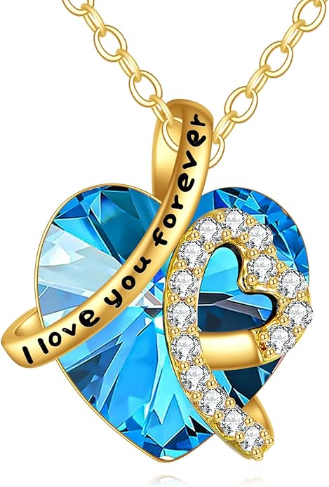 KECHO 14K Real Gold I Love You Forever Necklace Solid Yellow Gold Heart Birthstone Crystal Pendant Jewelry Birthday Mother's Day Anniversary Christmas Gifts for Women