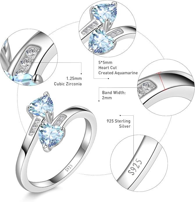 1CT Adjustable Women Heart Ring 925 Sterling Silver Birthstone Rings for Women Promise Ring for her Simulated Gemstone Statement Stackable Band Width 2mm Open Size 5~9