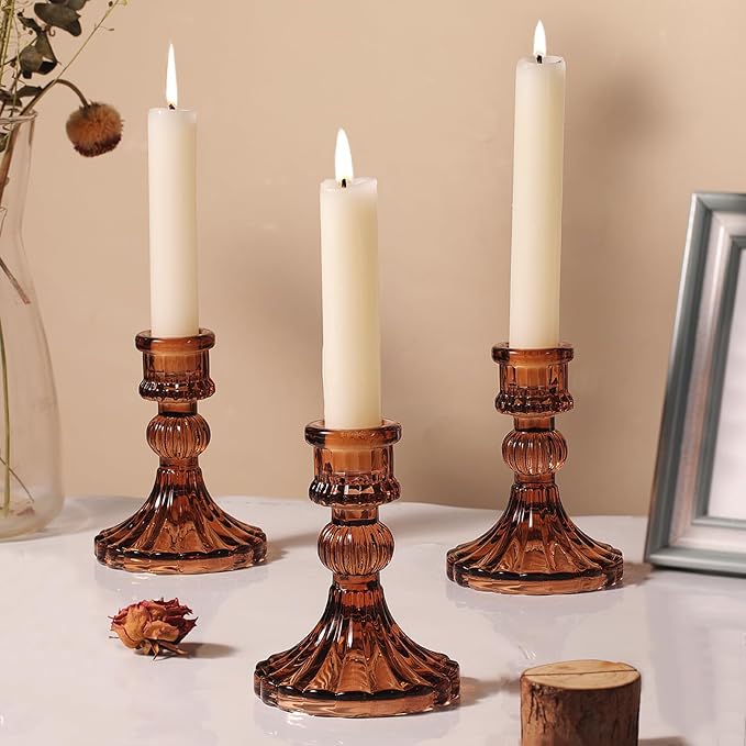12PCS Amber Candlestick Holders Set- 4" H Taper Candle Holders, Glass Candle - Image 5