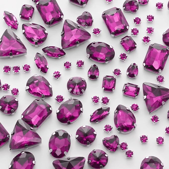 TANOSII Sew on Rhinestones 100 PCS Mixed Shapes Glass Rhinestones Sew on Crystal Gems Mental Flatback with Silver Claw for Jewelry Crafts Clothes Shoes Costume Garment Rose Red