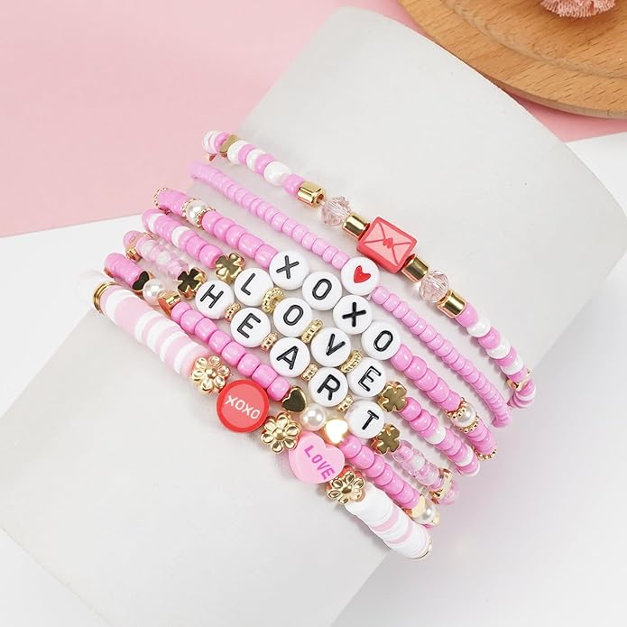 Beaded Bracelet for Women Pink Love Heart Stretch Bracelets Accessories