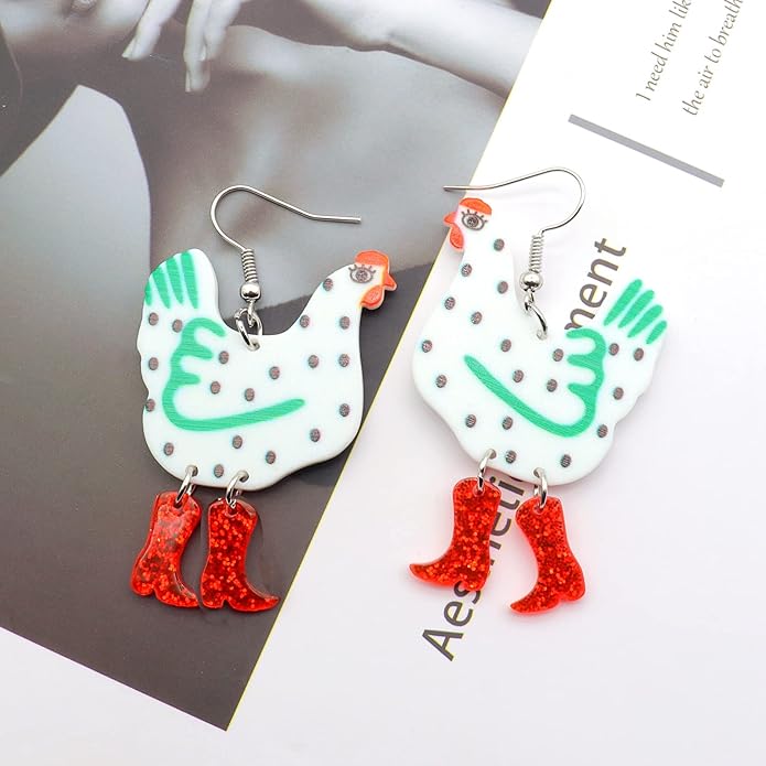 Acrylic Boot Big Chicken Earrings,Funny Colorful Boots Chicken Drop Dangle Earrings,Cock Hen Foot Chicken Earrings for Women Farm Design Lovely Gift