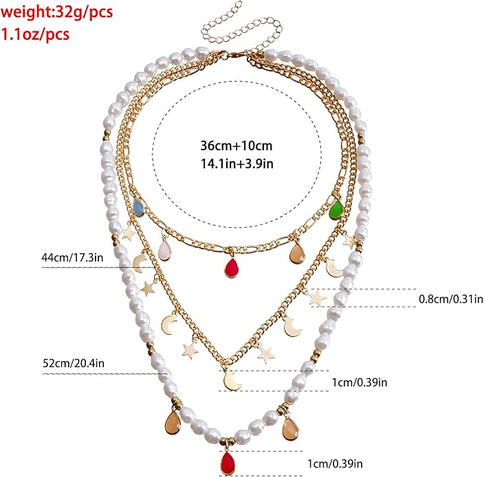 Layered Beaded Paperclip Chain Faux Pearl Star Moon Charm Colorful Boho Necklace for Women Alloy Crystal Long Draped Pendant Two Styles Gold Tone