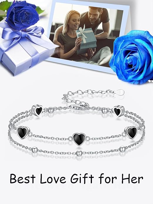 Birthstone Anklet/Bracelets for Women 925 Sterling Silver Charm Link Double Strand Heart Birthstone Jewelry Gift for Wife Women Mother's Day Gift