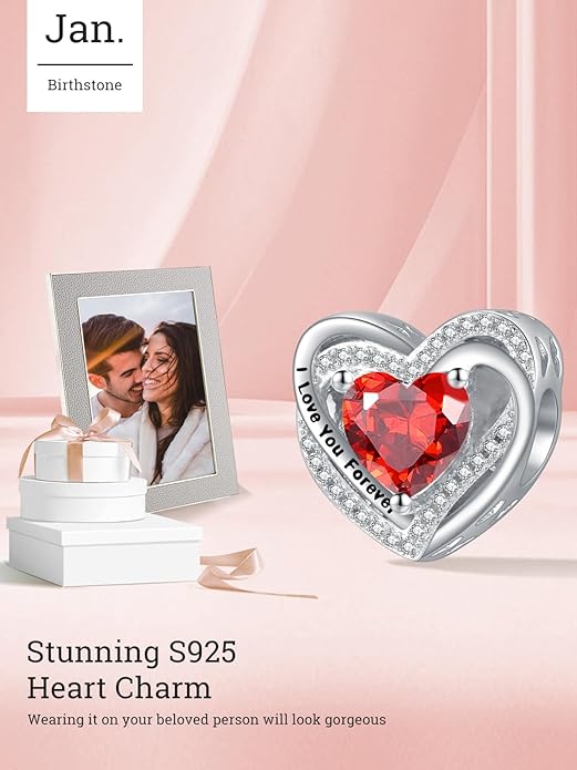 Heart Birthstone Charms for Bracelets, 925 Sterling Silver Women Bead Charms for Charm Bracelets Necklace, Mother's Day Birthday Anniversary Jewelry Gifts for Wife Mom Grandma Daughter