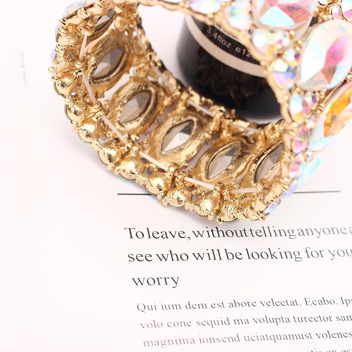 Women’s Elegant Wedding Bridal Crystal Double Row Marquise-Shape Leaf Stretch Bangle Bracelet Bride Jewelry for Women