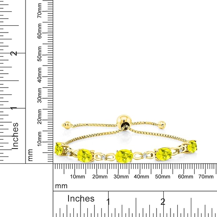Gem Stone King 7X5MM Oval Cut Gemstone Birthstone and Accent Lab Grown Diamond Tennis Bracelet For Women In 18K Yellow Gold Plated Silver | Adjustable Bolo Bracelet For Women | Easy-On Easy-Off