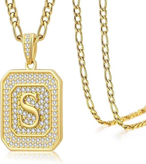 Initial Letter Pendant Necklace for Men Women, 14K Gold Square Monogram Alphabet Necklace with Figaro Chain, Valentines Day Birthday Gifts for Him Her