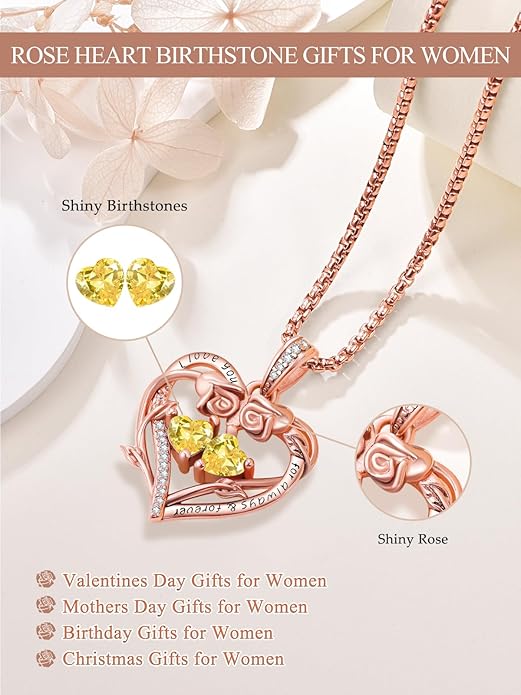 Rose Heart Necklaces for Women, Rose Gold Forever Love Jewelry with 2 Birthstones Pendant,Valentines Anniversarry Birthday Gifts for Her Wife Mom Grandma Daughter, 18+2 Inch Chain