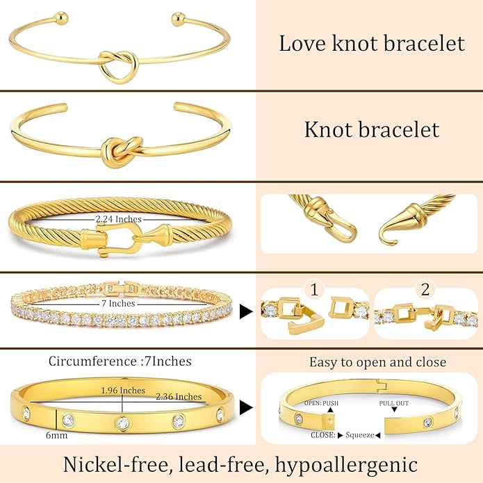 18 K Gold Plated Love Bangle Bracelet Stack Cuff Jewelry for Women Jewelry Set for Women Gift with Box