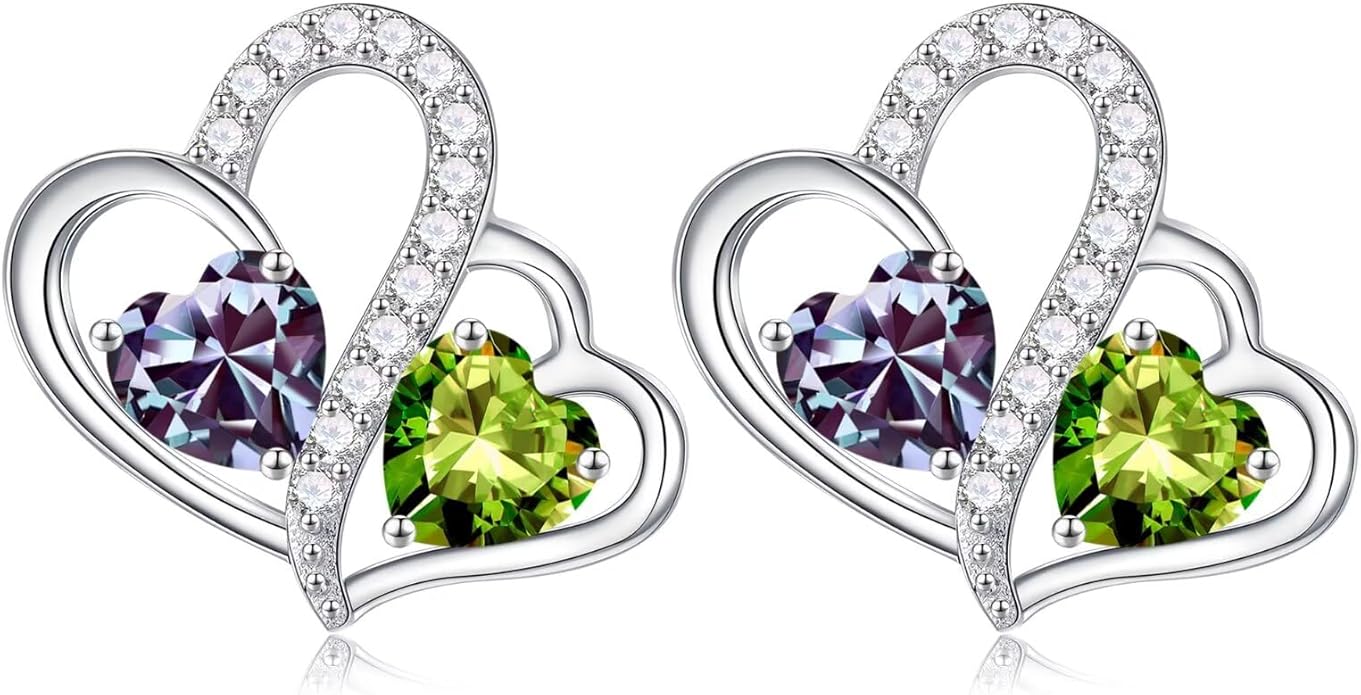 Iefil Valentines Day Gifts for Her - Birthstone Earrings Gift for Women, 925 Sterling Silver Double Heart Birthstone Earrings | Anniversary Birthday Gifts for Women, Personalized Jewelry for Wife Mom
