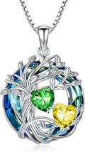 TOUPOP s925 Sterling Silver Family Celtic Tree of Life Pendant Necklaces with 2 Heart Birthstone with Blue Austrian Crystal Jewelry Birthday Valentines Day Gifts for Her, Anniversary Christmas Gifts for Wife Girlfriend Mom (18K Real White Gold Filled)