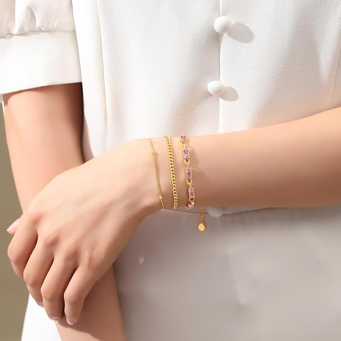Gold Birthstone Bracelet for Women, 18K Gold Plated Layered Jewelry Bracelet Set, Womens Dainty Stackable Bracelets Link Paperclip Chain Valentines Day Gift for Wife Her