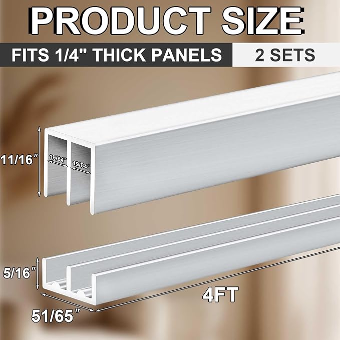 2 Set 4 ft Silver Aluminum Sliding Door Track Set - Image 2