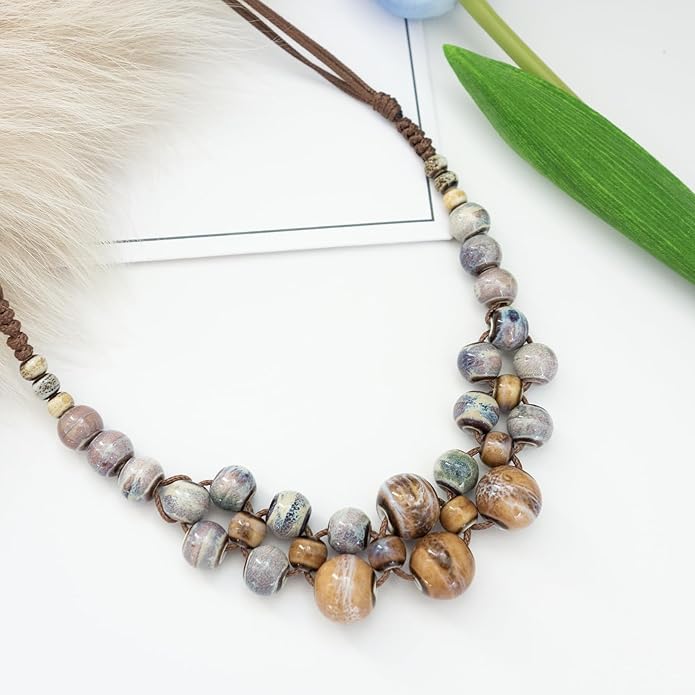 Boho Round Colorful Ceramic Beaded Necklace, Adjustable Hippie Statement Necklace, Handmade Ethnic Jewelry Gift for Women