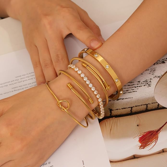 18 K Gold Plated Love Bangle Bracelet Stack Cuff Jewelry for Women Jewelry Set for Women Gift with Box
