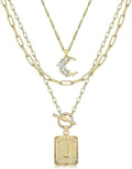 MJartoria Layered Initial Necklaces for Women Trendy, 14K Gold Plated Brass Simple Moon Choker Square Letter Pendant Necklace, Paperclip Chain Necklaces Jewelry Gifts