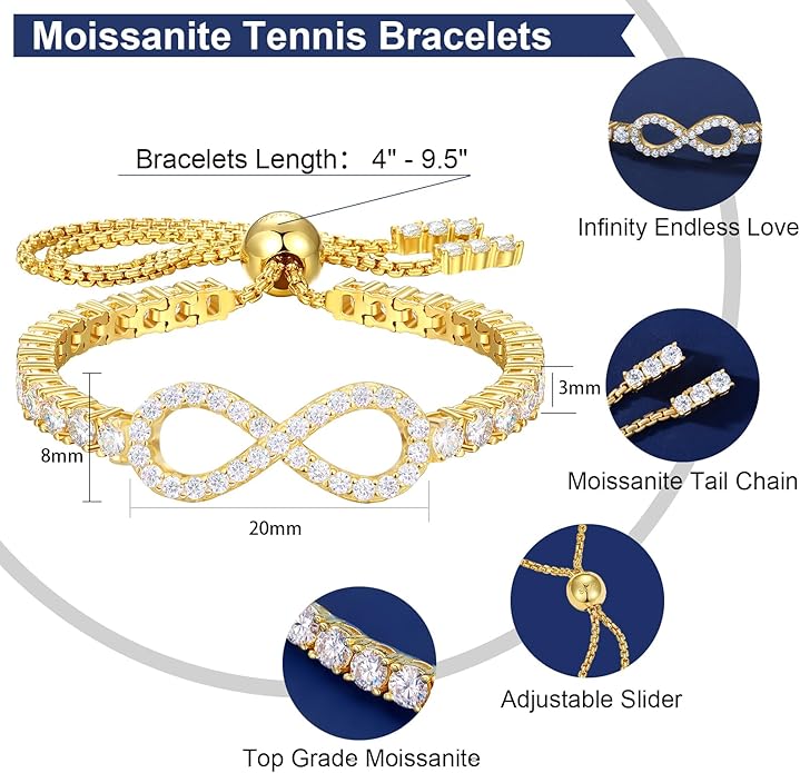 Moissanite Tennis Bracelets For Women, S925 Sterling Silver Infinity Bracelet, 3MM Width 18K Gold Plated White Gold Adjustable Bolo Bracelets- Birthday Christmas Gifts For Mom Wife Her