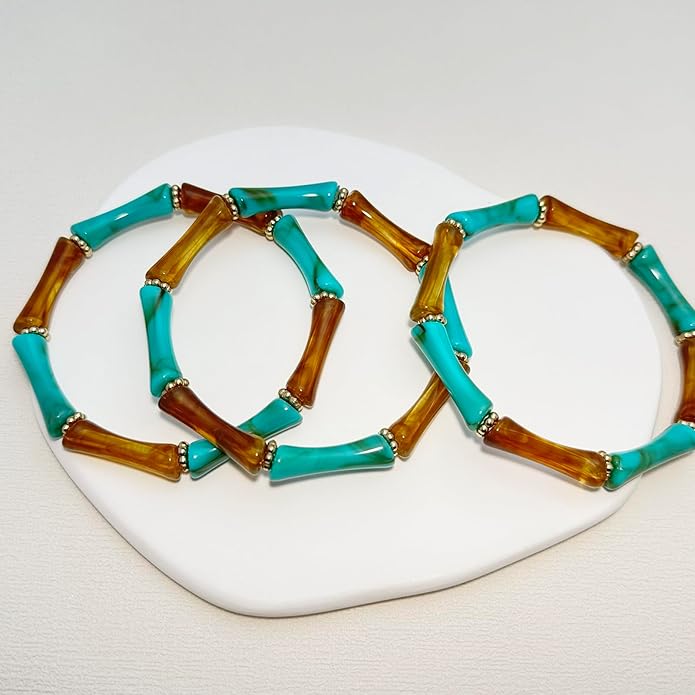 Tortoise Shell Bamboo Bangle Bracelet for Women – 3-Layer Acrylic Stretch Cuff with Faux Tortoiseshell Pattern – Retro Stackable Jewelry