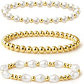 Zeffy Gold Pearl Beaded Bracelet for Women, 14K Gold Plated Jewelry Set With Paperclip Link Chain, Trendy Stack Bracelets