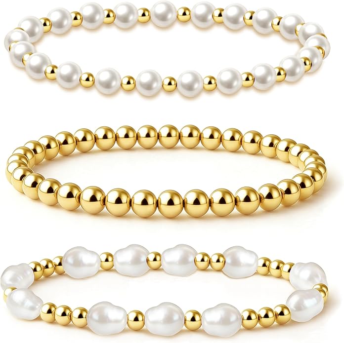 Zeffy Gold Pearl Beaded Bracelet for Women, 14K Gold Plated Jewelry Set With Paperclip Link Chain, Trendy Stack Bracelets