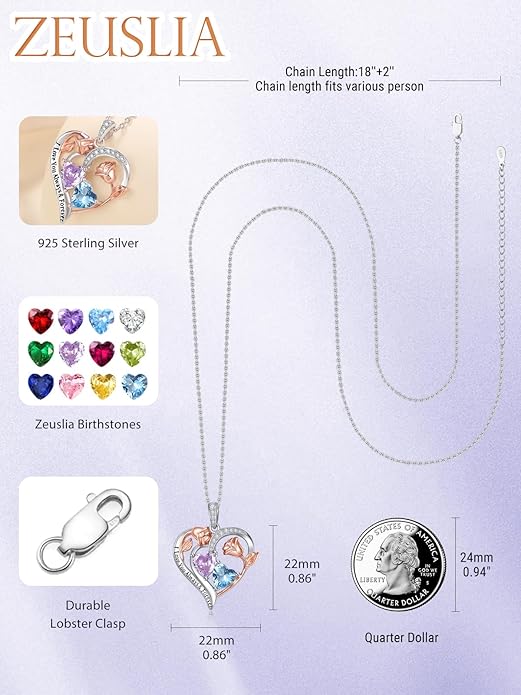 Valentine's Day Gifts for Wife 925 Sterling Silver Double Birthstone Pendant Necklaces I Love You for Always and Forever Necklace Anniversary Birthday Gifts for Wife Girlfriend Mom Her