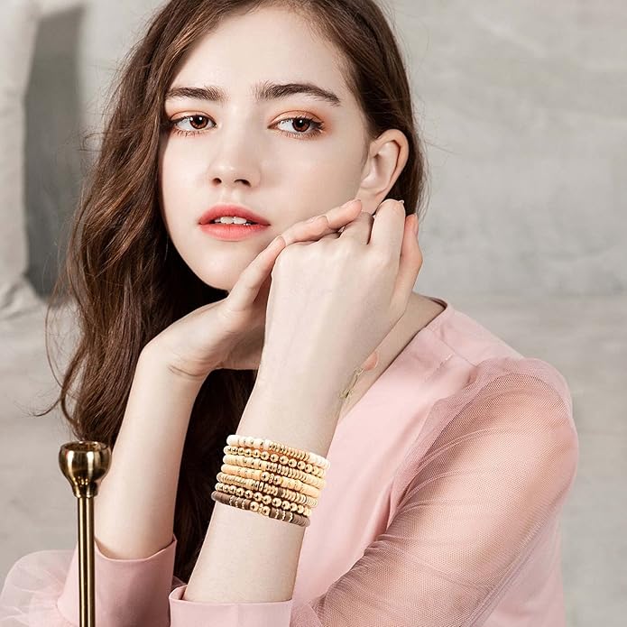 GOOJIDS Surfer Heishi Clay Bead Bracelets for Women Bohemian Stackable Gold Plated Beaded Stretch Bracelets Elastic Layering Friendship Bracelets Set Boho Jewelry