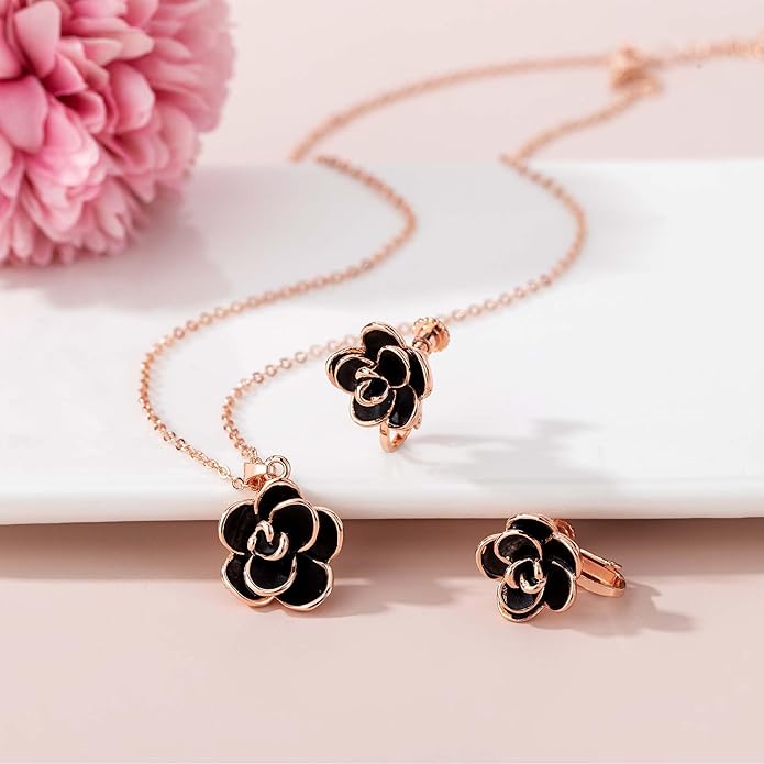 Dainty Rose Flower Pendant Necklace Clip On Earrings Set for Women 14K Gold Plated Hypoallergenic Jewelry Sets