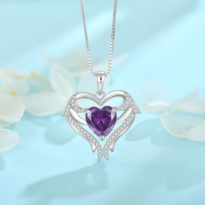 FJ Heart Angel Wings Pendant Necklace 925 Sterling Silver Birthstone Jewelry Gifts for Women