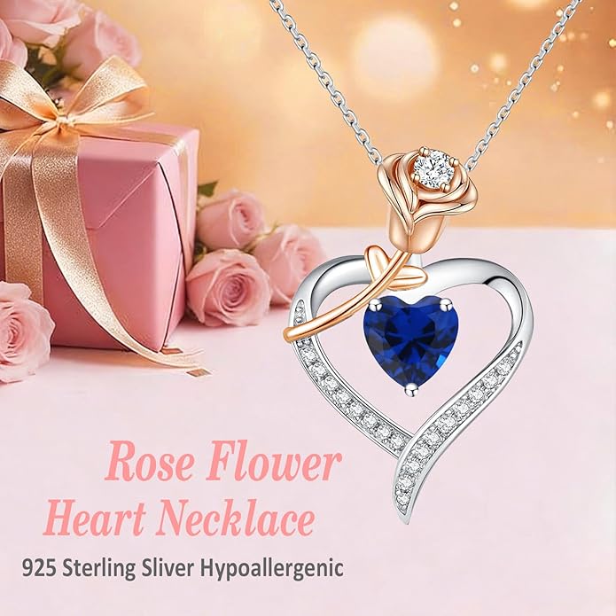 immobird Rose Gold Heart Necklace Birthstone Jewelry Sterling Silver Jewelry Plated White Gold Valentine's Day Gift Women for Wife Mom Necklace for Women