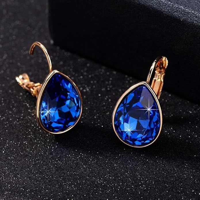 Teardrop Austrian Crystal Leverback Drop Earrings for Women 14K Rose Gold Plated Hypoallergenic Jewelry