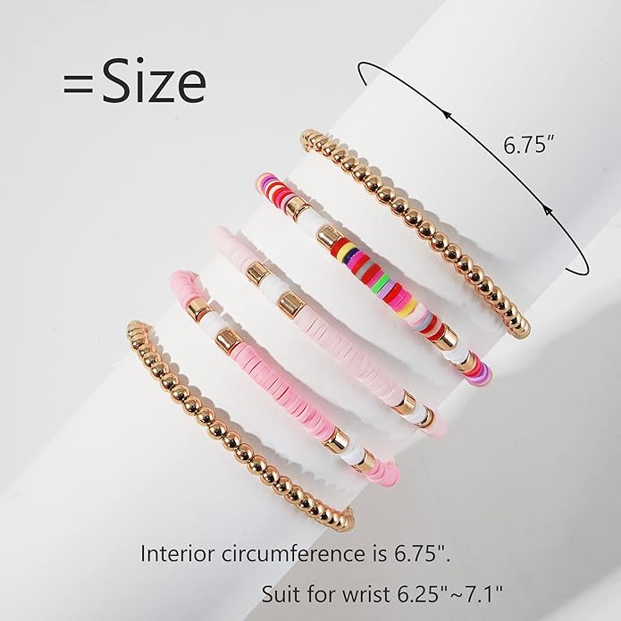 GOOJIDS Surfer Heishi Clay Bead Bracelets for Women Bohemian Stackable Gold Plated Beaded Stretch Bracelets Elastic Layering Friendship Bracelets Set Boho Jewelry