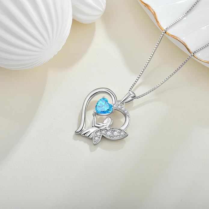 Guardian Angel Necklace 925 Sterling Silver Heart Angel Wings Pendant Birthstone Jewelry for Women