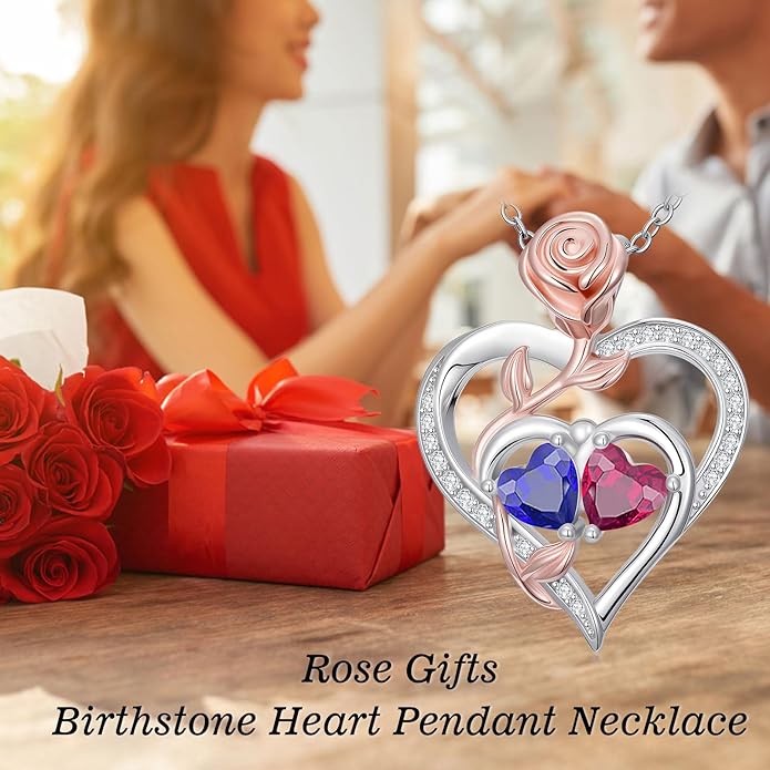 Rose Flower Heart Pendant for Women Birthday Gifts 18k Gold Plated Mother Daughter Necklace with 12 Months Birthstone Christmas Valentines Day Gifts for Her Mom Anniversarry Jewelry for Mom Wife Girlfriend