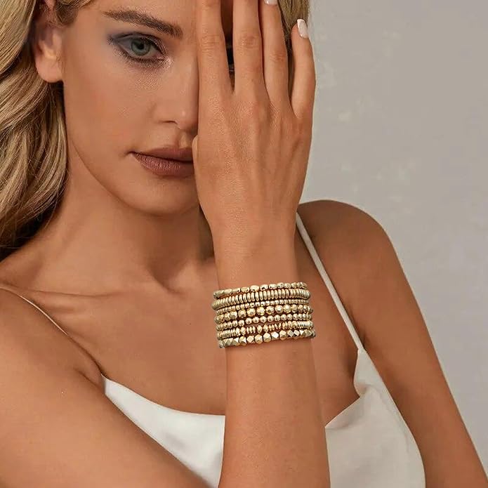 Gold Plated Beaded Bracelets for Women Trendy, 14K Gold Plated Stack Cross Pearl Gold Plated Bead Stretch Bracelets Set Elastic Hypoallergenic Bracelets Jewelry Gifts