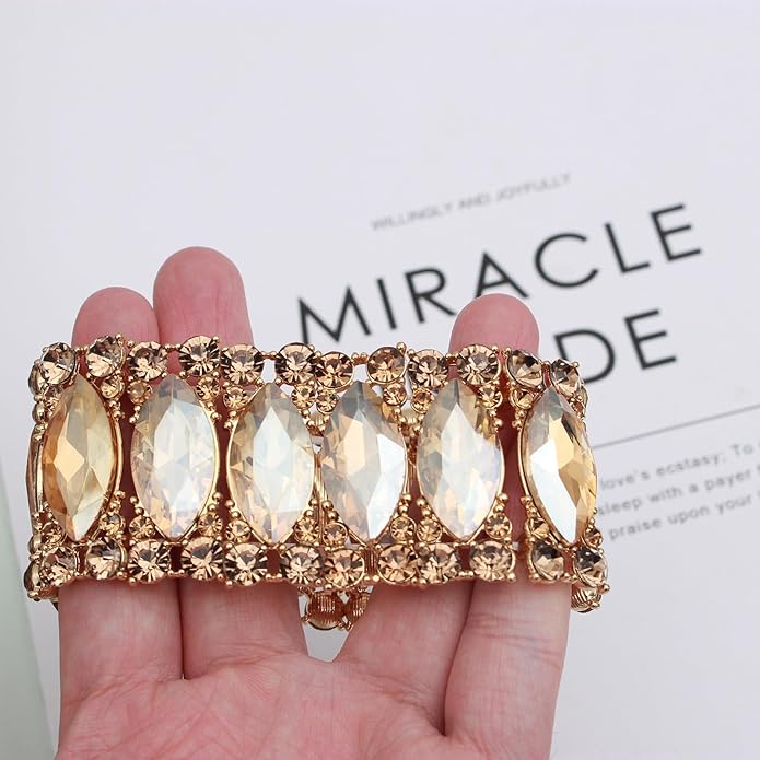 Women’s Elegant Wedding Bridal Crystal Double Row Marquise-Shape Leaf Stretch Bangle Bracelet Bride Jewelry for Women