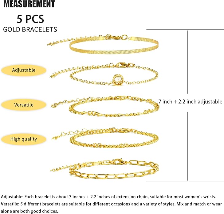 VIBILIA Dainty Gold Chain Bracelet for Women Trendy Stackable Adjustable Layered Metal Bracelet Gold Plated Twist Link Figaro Chain Paperclip Bracelets Fashion Jewelry