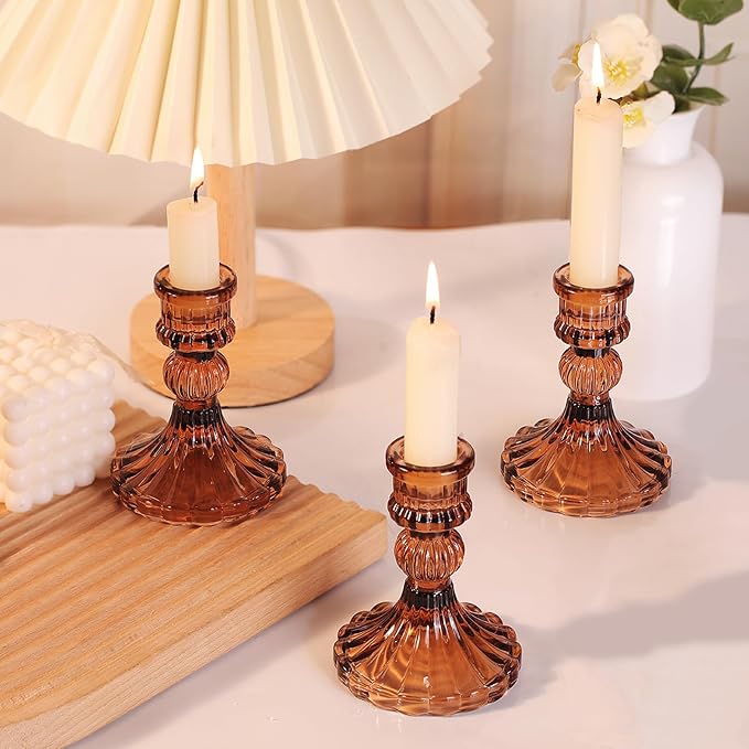 12PCS Amber Candlestick Holders Set- 4" H Taper Candle Holders, Glass Candle - Image 6