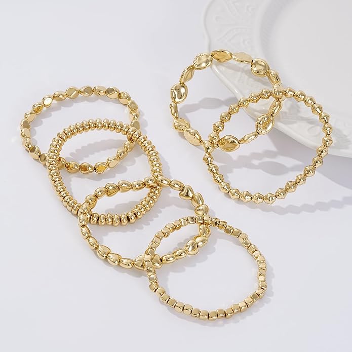 Gold Plated Beaded Bracelets for Women Trendy, 14K Gold Plated Stack Cross Pearl Gold Plated Bead Stretch Bracelets Set Elastic Hypoallergenic Bracelets Jewelry Gifts