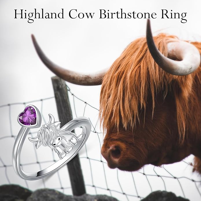 Highland Cow Ring 925 Sterling Silver Adjustable Ring Birthstone Ring Engraved Name Highland Cow Gifts Jewelry for Women
