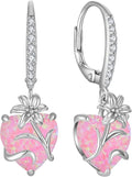 YL Heart Dangle Earrings for Women Sterling Silver Lily Flower Leverback Earrings Created Opal Flower Jewelry