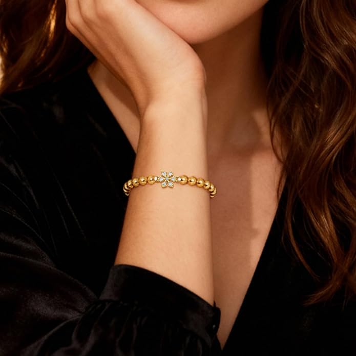 HZDK Gold Bracelets for Women - 14K Gold Plated Beaded Bracelets for Women Gold Jewelry Stackable Charm Bracelet Dainty Stretch Bead Bracelet Christmas Gifts for Her
